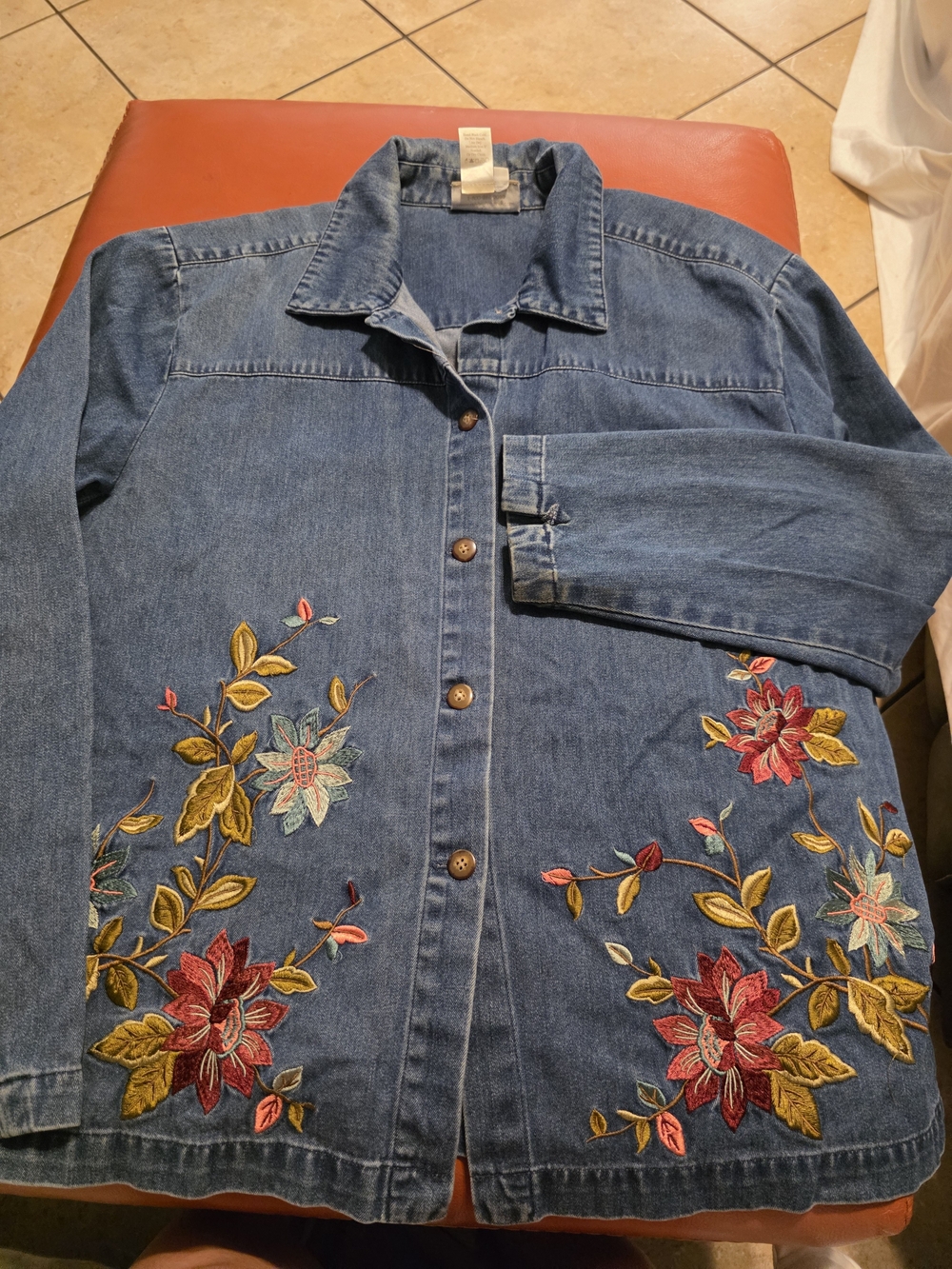 Coldwater Creek Blue Denim Jacket with Multicolor Floral Embroidery